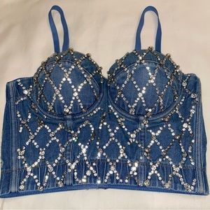 Denim Rhinestone Bustier Crop Top